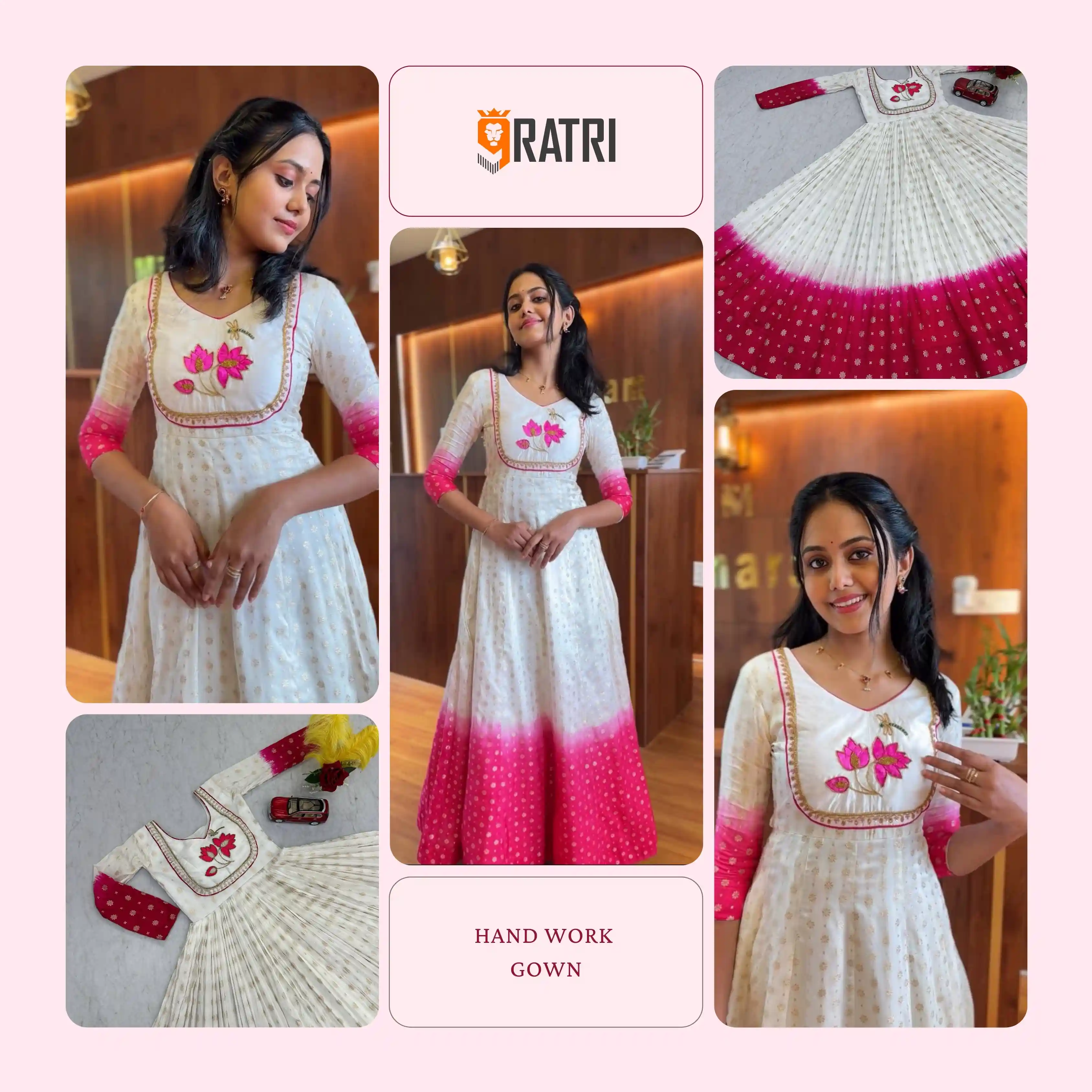 Elegant White & Pink Hand Work Gown – Perfect for Festive & Party Wear